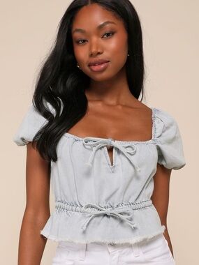 Unique Arrival Light Wash Denim Puff Sleeve Tie-Front Top